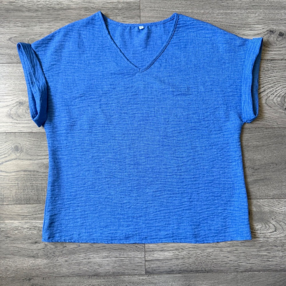 Unbranded Blue V-Neck Textured Short Sleeve Blouse Rolled Cuff Top Large